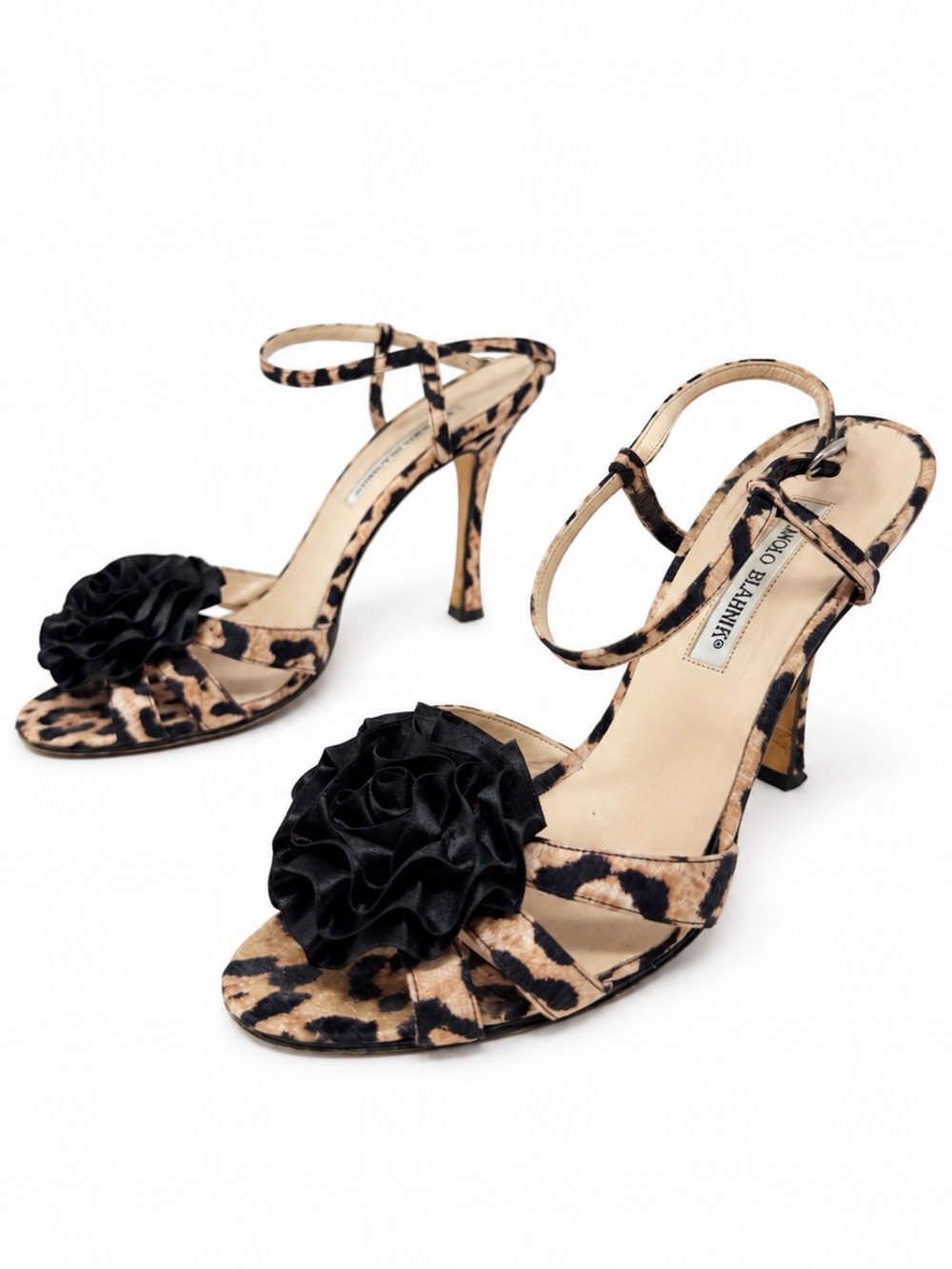 Manolo Blahnik Leopard Print Black Flower Ankle Strap Sandal Heels EU 39